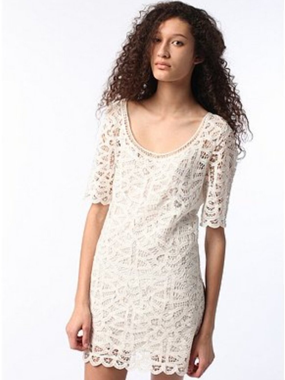 BB Dakota White Lace Scoop-Neck Mini Dress, Elbow Sleeve, Vintage, Size 4